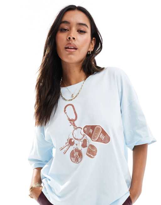 ASOS DESIGN – Błękitny T-shirt oversize z grafiką z motywem kluczy i napisem „New York”