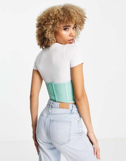 ASOS DESIGN plunge front top with corset waist in soft mint