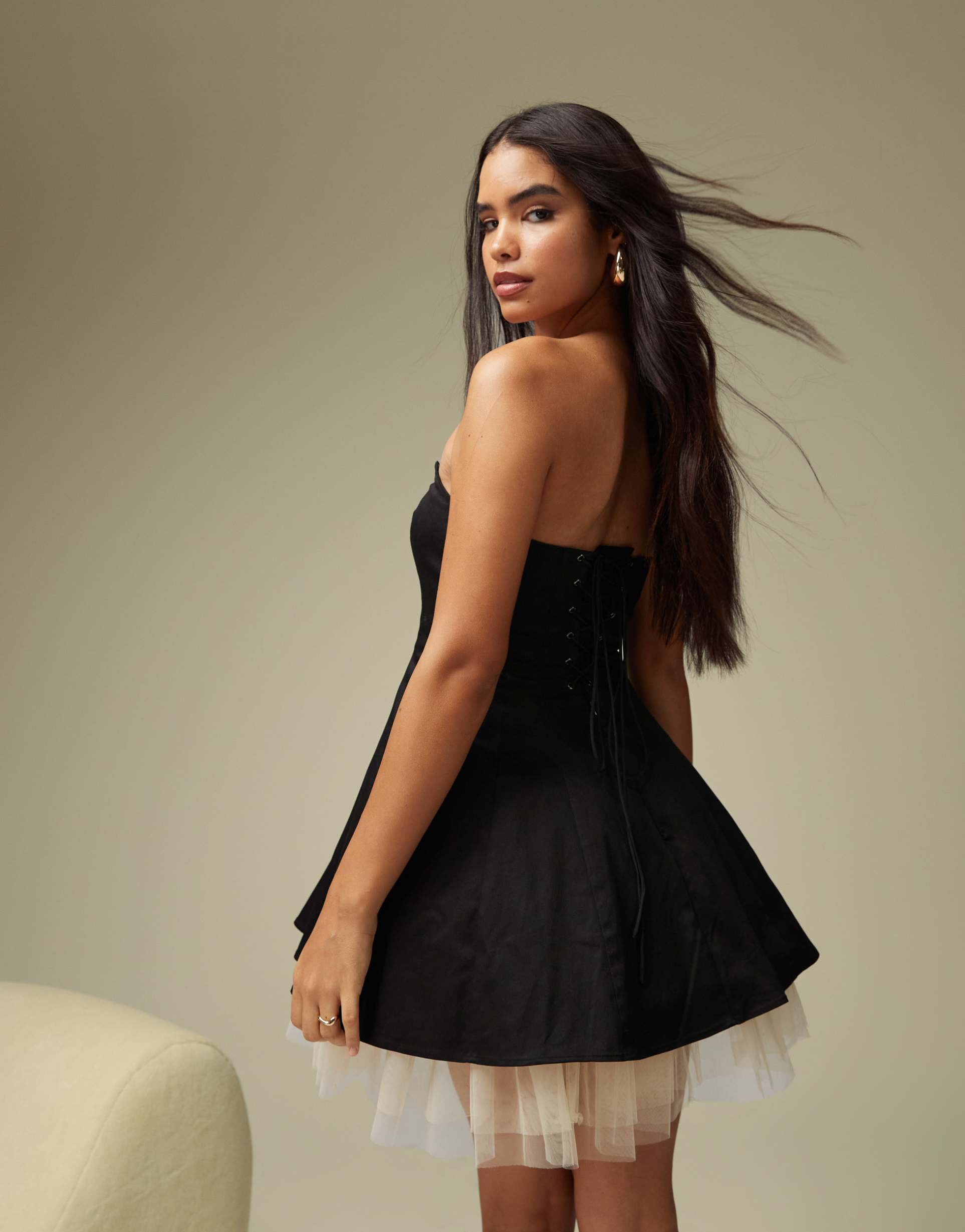 asos design bell shaped mini dress with tulle hem detail in black