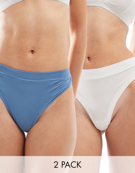 ASOS DESIGN Bella 2 pack super soft high waist thong in dove blue & white - view 1