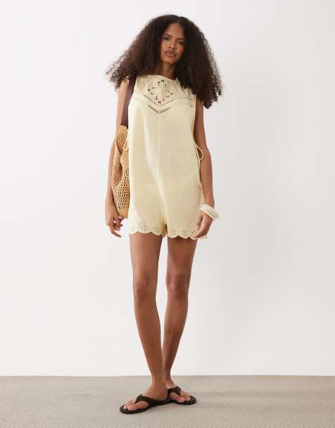 ASOS DESIGN – Bella – Ljusgul, broderad strandplaysuit - view 1