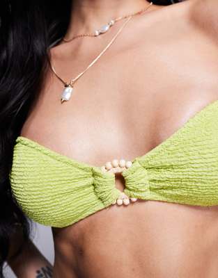 Asos Design Bella Textured Bandeau Bikini Top With Beaded Ring Detail