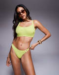 [ASOS DESIGN] ASOS DESIGN Bella textured high leg bikini bottom with beaded ring detail in bright chartreuse-Green 14 Bright chartreuse