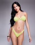 [ASOS DESIGN] ASOS DESIGN Bella textured v-front bikini bottom with beaded ring detail in bright chartreuse-Green 14 Bright chartreuse