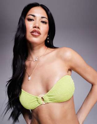 ASOS DESIGN - Bella - Trägerloses Bikinioberteil in hellem Chartreuse-Grün mit Strukturmuster, Ringdetail mit Zierperlen