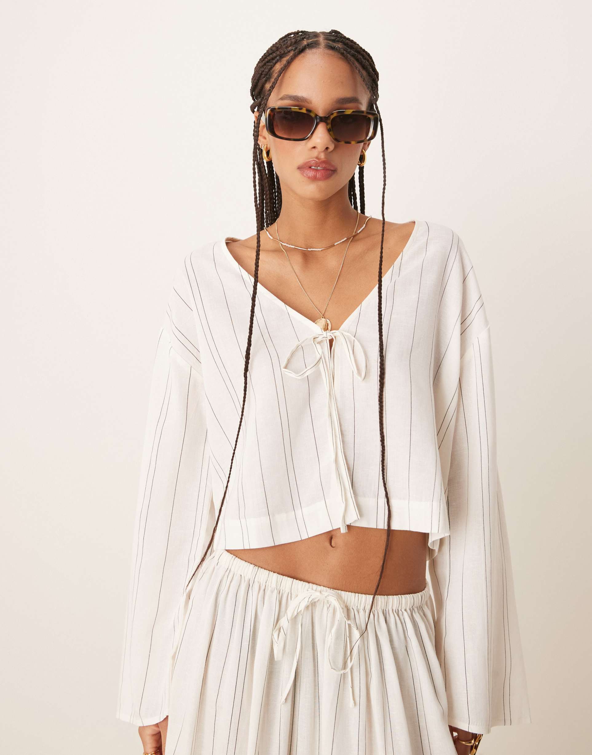 asos design belle beach tie front shirt with linen in fine mono stripe