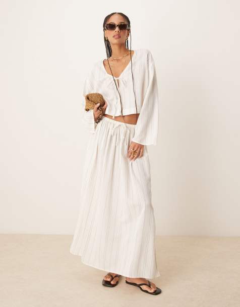 ASOS DESIGN Belle beach with linen in fine mono stripe - view 1