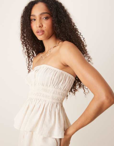 ASOS DESIGN - Belle - Beige strandtop i hørmateriale med bandeausnit og rynker - view 1