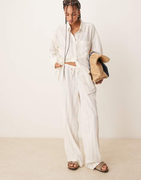 ASOS DESIGN – Belle – Biało-czarne spodnie plażowe z domieszką lnu w wąskie paski - view 1