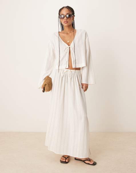 ASOS DESIGN - Belle - Hvid strandnederdel i hørblanding med sorte striber - view 1