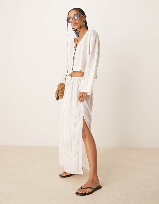 ASOS DESIGN Belle linen blend beach skirt in mono stripe, 4 of 5