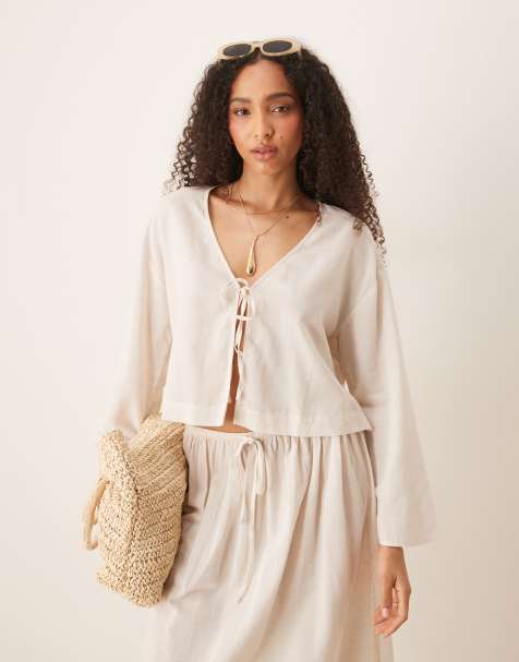 ASOS DESIGN Belle linen blend beach tie front top in natural - view 1