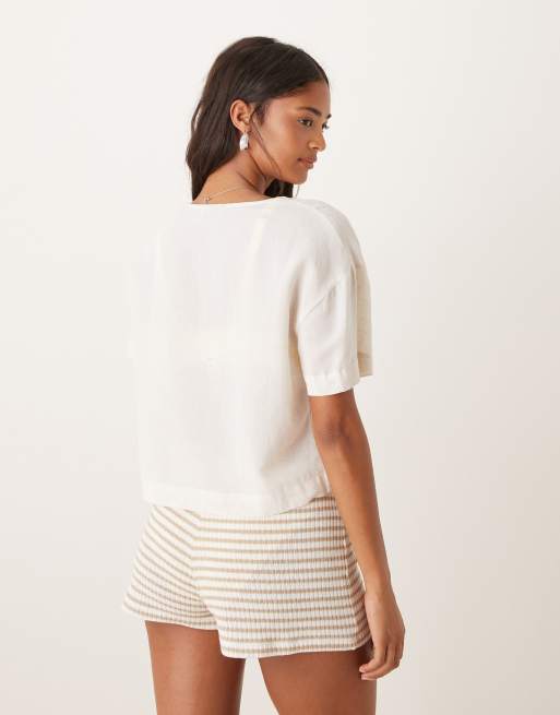 ASOS DESIGN Belle linen blend beach tie front top in natural