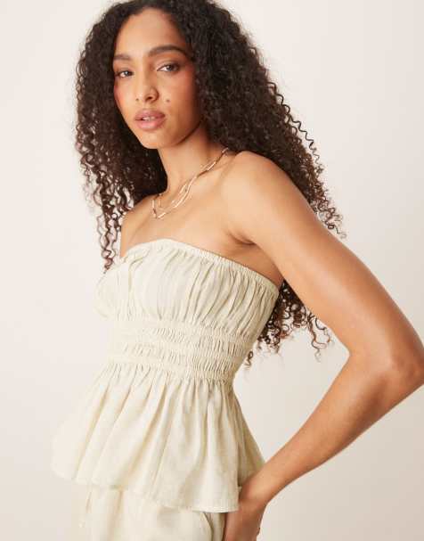 ASOS DESIGN Belle beach shirred bandeau with linen in plain