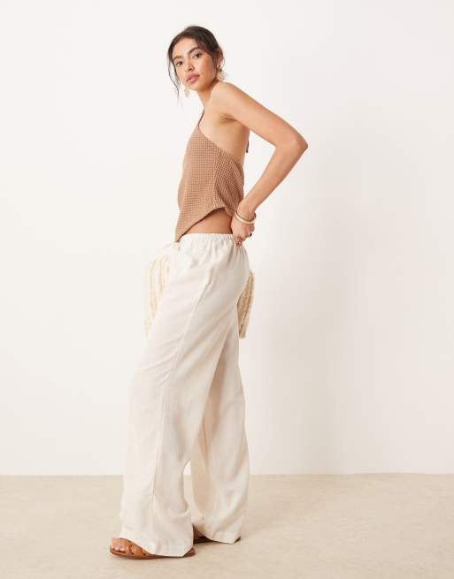 ASOS DESIGN – Belle – Spodnie plażowe z materiału z dodatkiem lnu w kolorze naturalnym