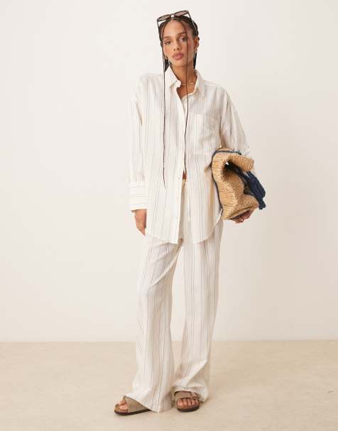 ASOS DESIGN - Belle - Strand co-ord set van linnenmix met fijne streepjes in zwart-wit - view 1