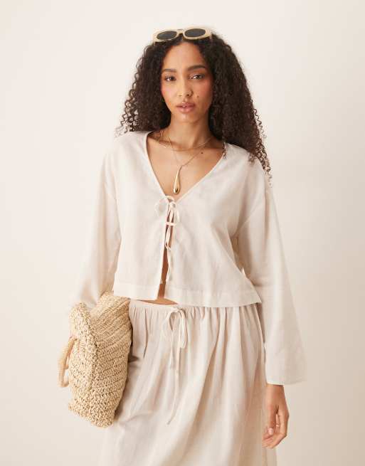 ASOS DESIGN - Belle - Top de plage noué devant en lin mélangé - Naturel