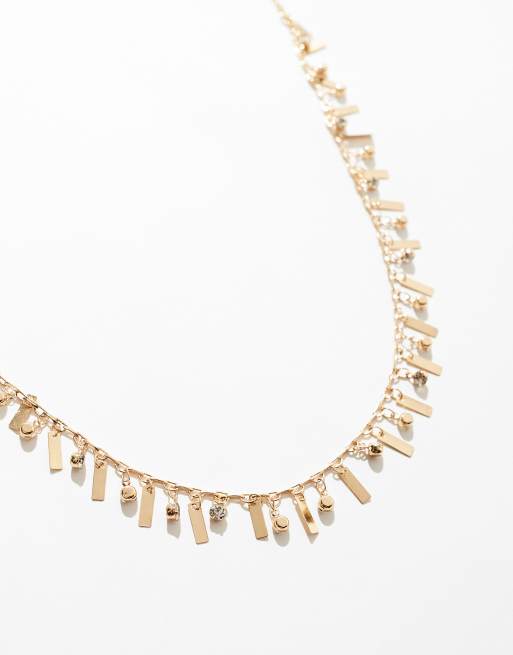 ASOS DESIGN belly chain with crystal and rectangle charm design in gold tone, 2 of 4