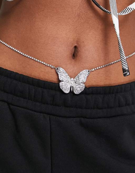 ASOS DESIGN belly chain with crystal butterfly in silver tone