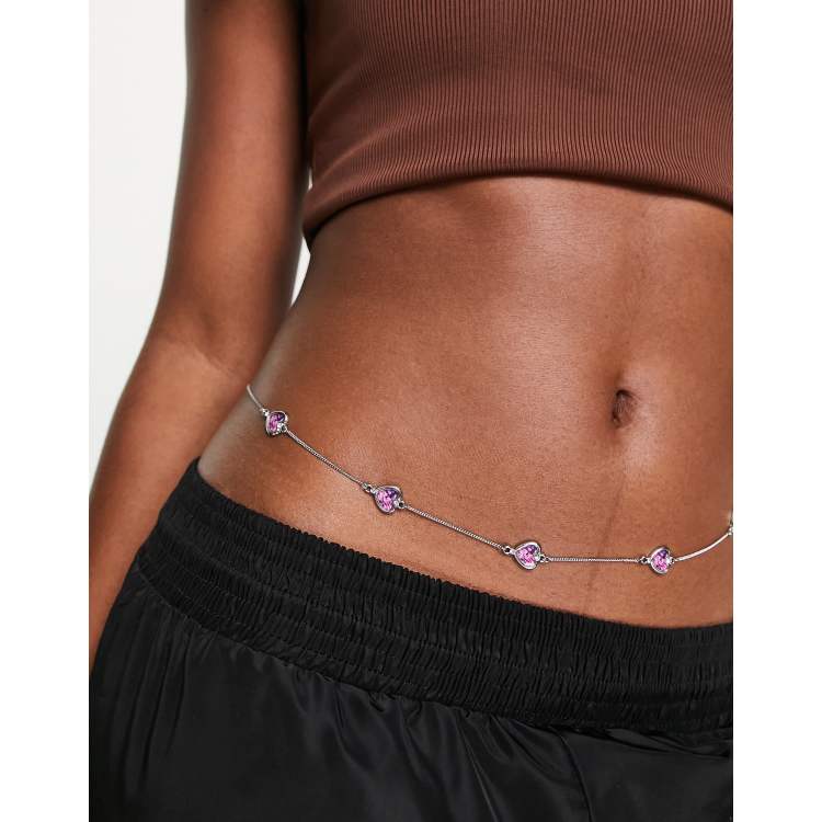 ASOS DESIGN belly chain with pink hearts in silver tone ASOS