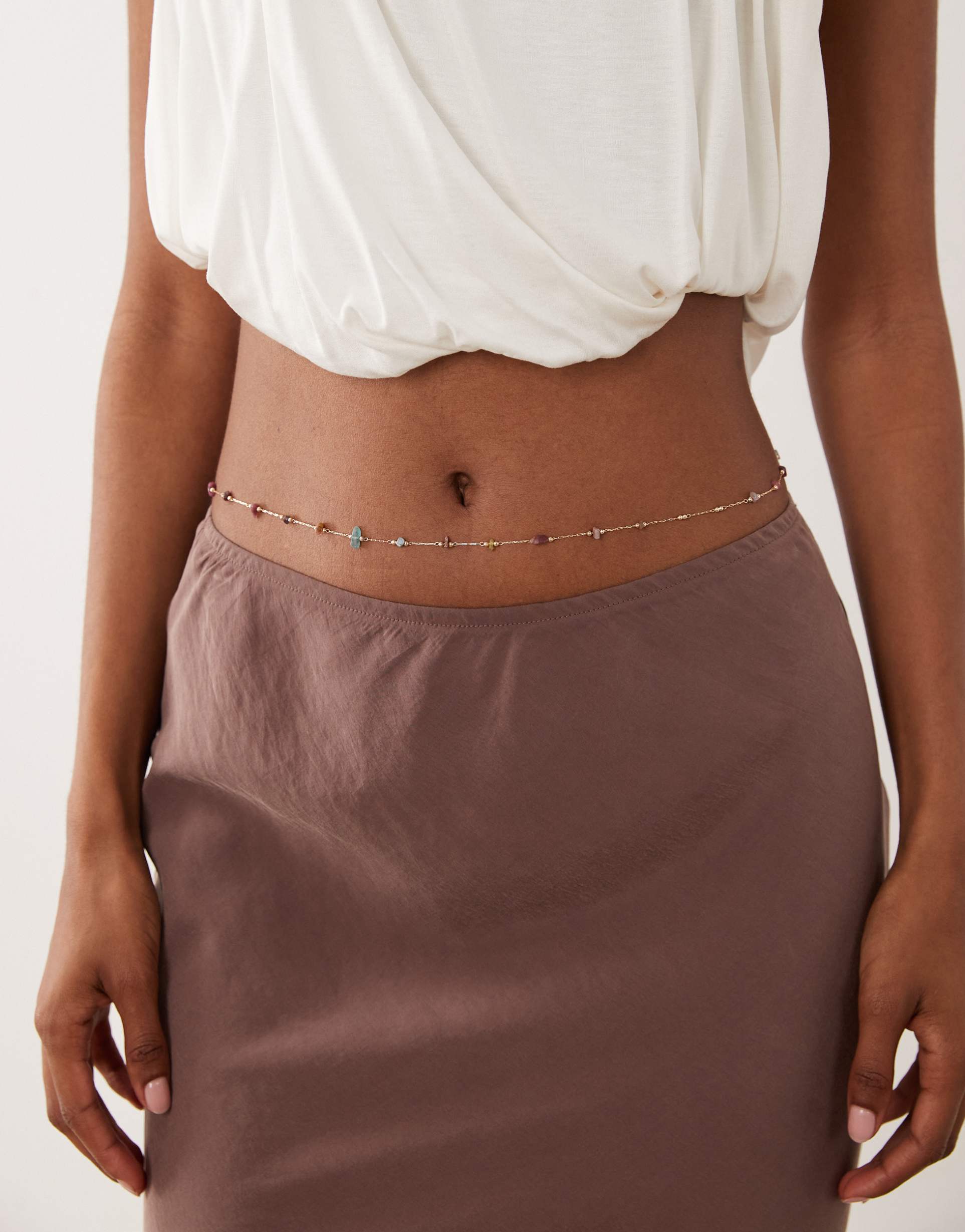 asos design belly chain with station multi-colored chippings in gold tone