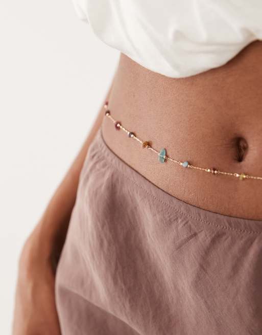 ASOS DESIGN belly chain with station multi-coloured chippings in gold tone, 2 of 4