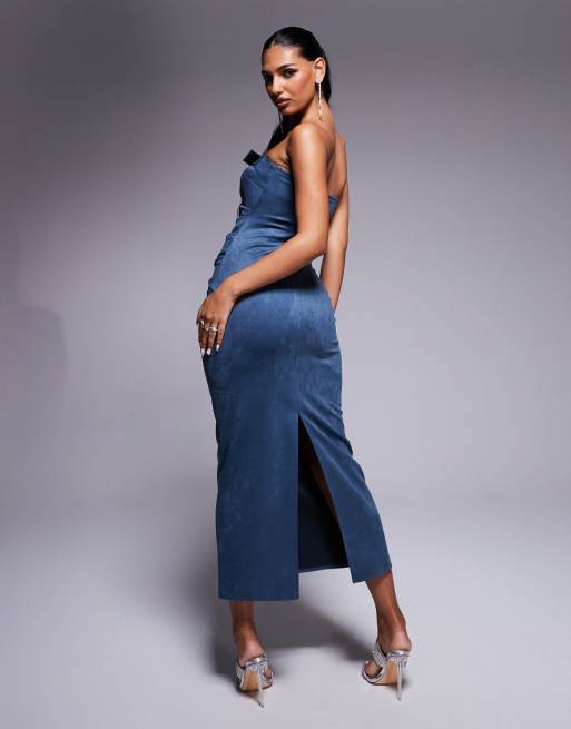 ASOS DESIGN belt detail bandeau faux suede midi dress in petrol blue