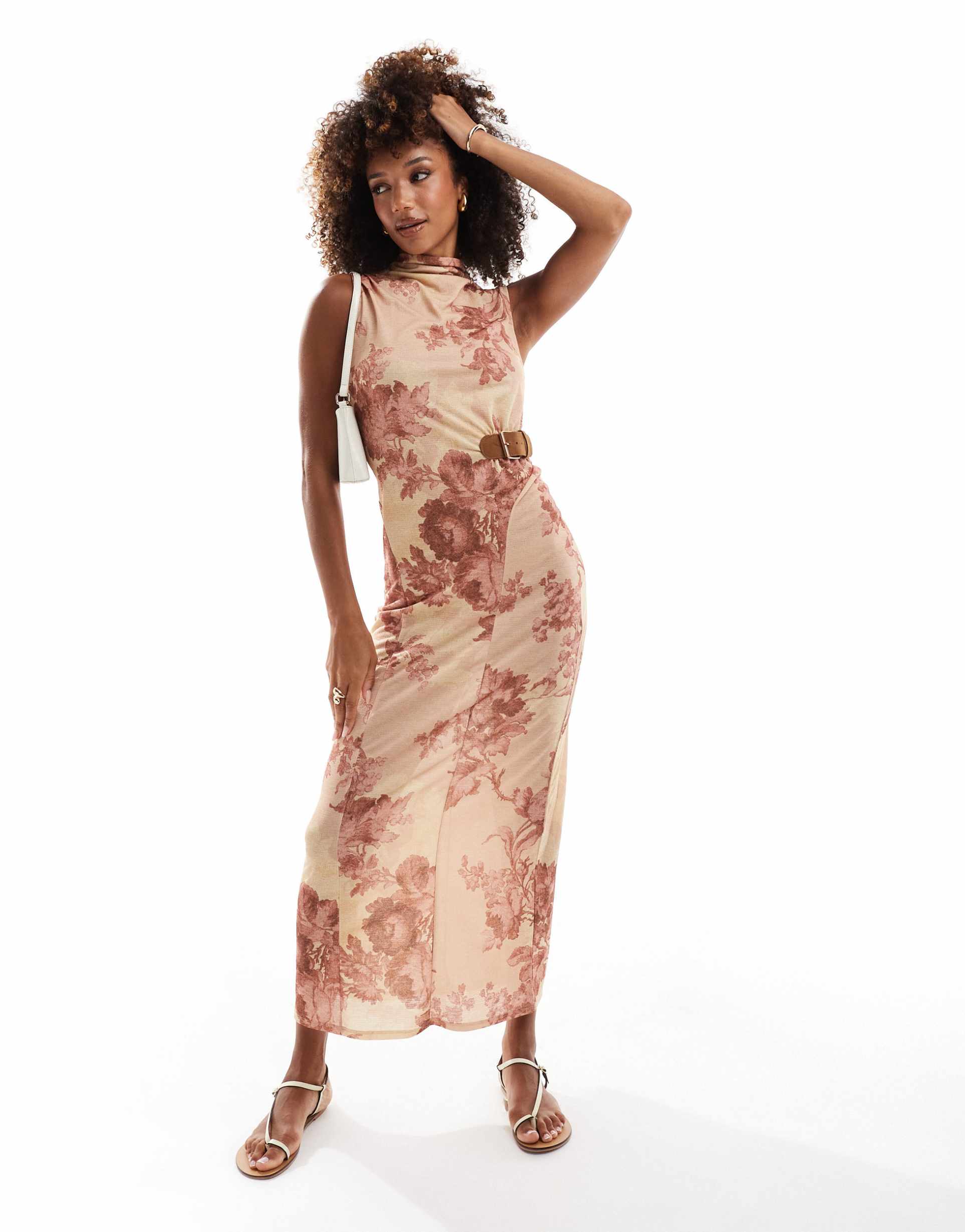 asos design belt detail maxi dress with godets in rust tapestry floral print