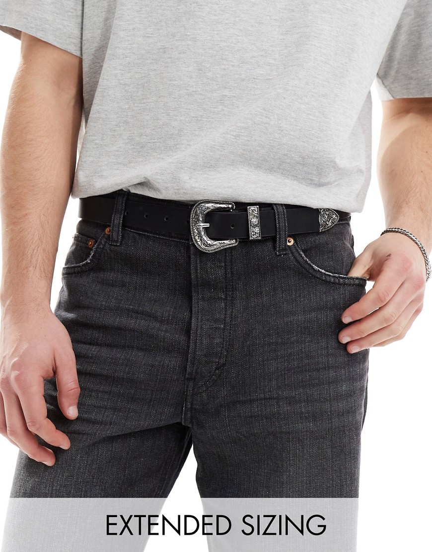 ASOS DESIGN belt in faux leather with silver western buckle in black