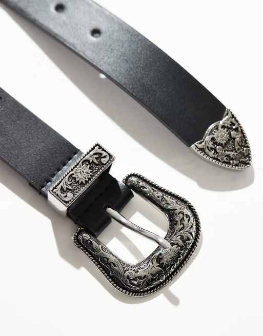 ASOS DESIGN belt in faux leather with silver western buckle in black
