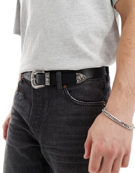 ASOS Design Belt in Faux Leather with Silver Western Buckle in Black