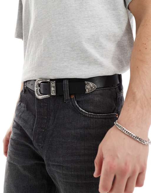 ASOS DESIGN belt in faux leather with silver western buckle in black ASOS