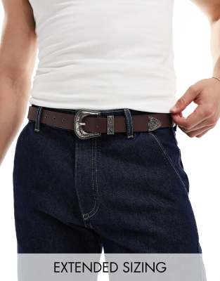 Asos Design Belt In Faux Leather With Silver Western Buckle In Brown