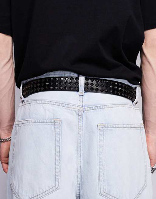 ASOS DESIGN belt with diamond pyramid studs in black