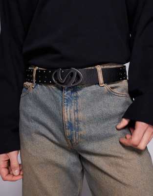 Asos Design Belt With Molten Oval Buckle And Hole Embellishments In Black