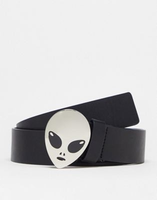 ASOS DESIGN belt with studs and alien buckle in black