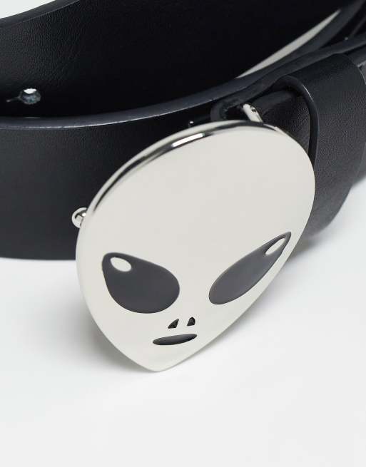 ASOS DESIGN belt with studs and alien buckle in black