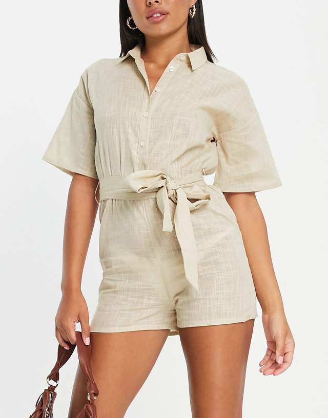 ASOS DESIGN belted beach shirt romper in oatmeal