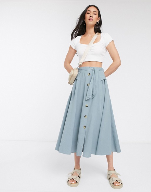 ASOS DESIGN belted button down midi skirt in blue