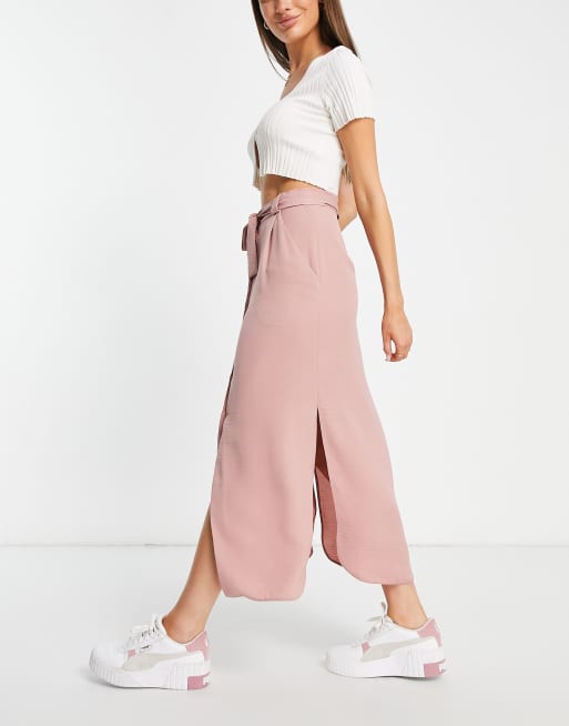 ASOS DESIGN belted button through midi skirt in pink