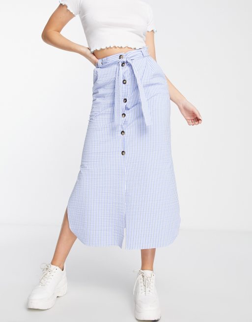 ASOS DESIGN belted button through midi skirt in stripe seersucker