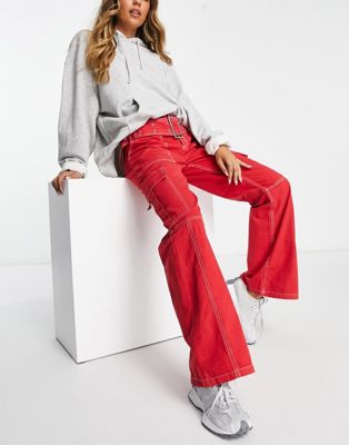 ASOS DESIGN belted cargo flare trouser in red - ASOS Price Checker