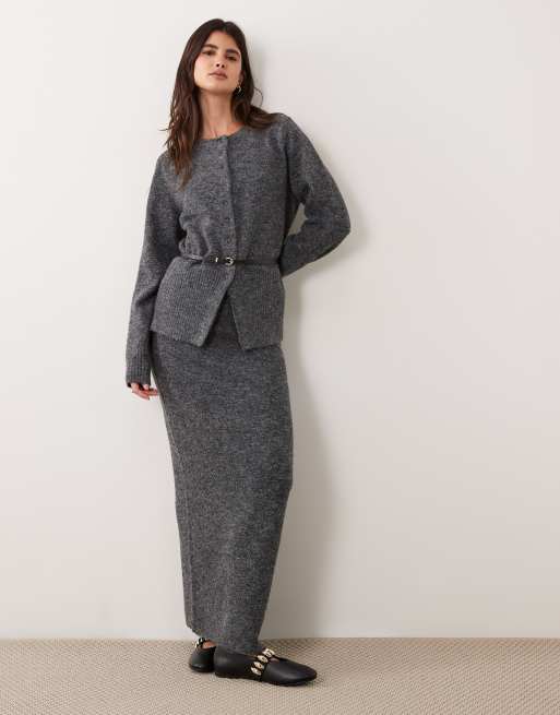 ASOS DESIGN faux leather belted cardigan & midi skirt co-ord in charcoal, 3 of 3