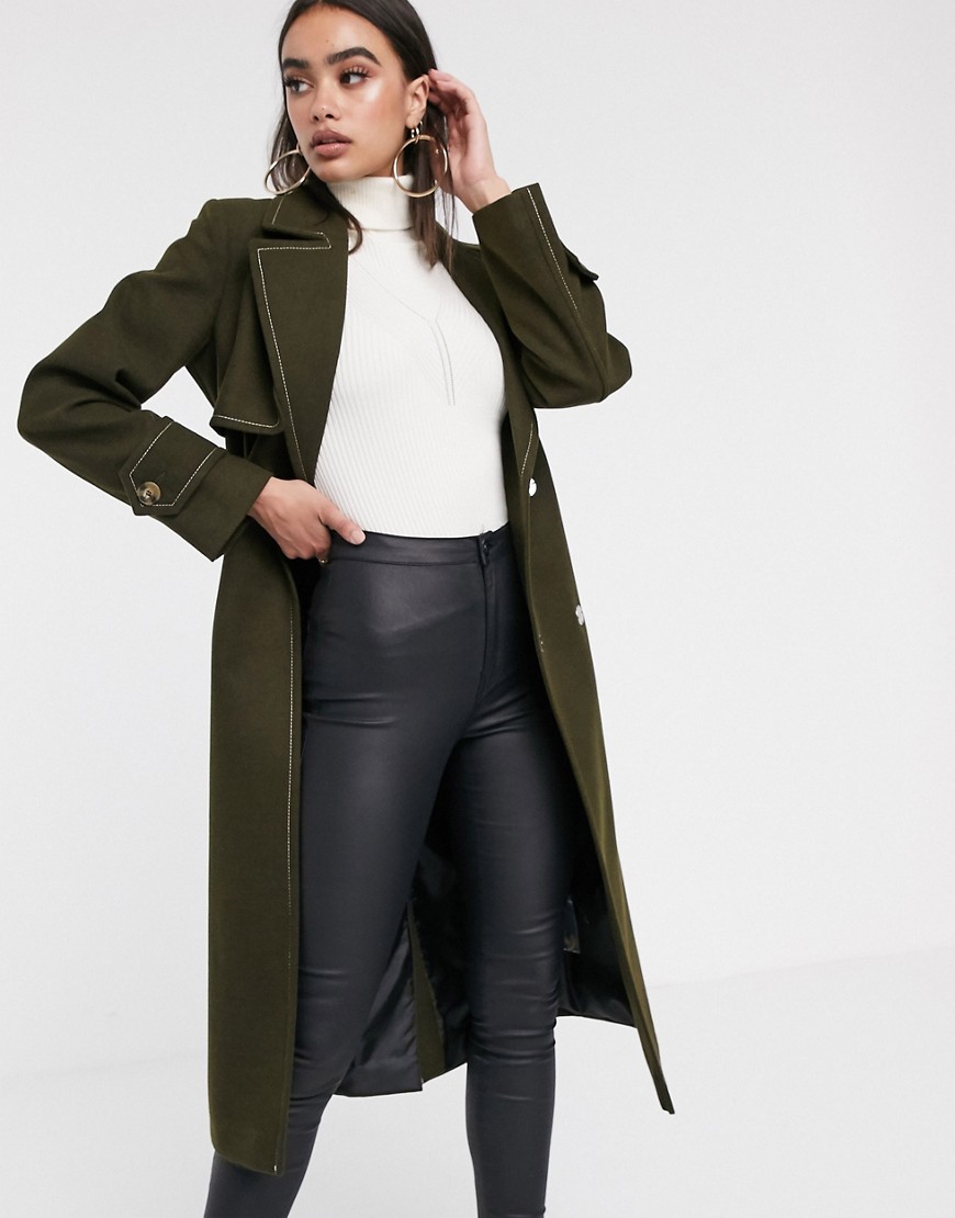 ASOS DESIGN belted coat with topstitching detail in khaki-Green