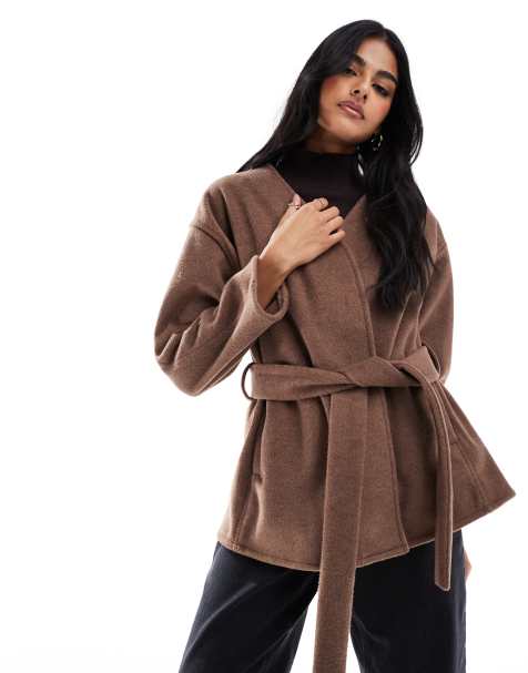 ASOS DESIGN belted collarless formal coat in mushroom - view 1