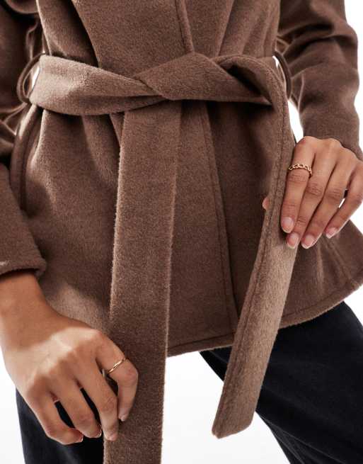 ASOS DESIGN belted collarless formal coat in mushroom