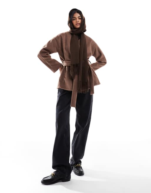 ASOS DESIGN belted collarless formal coat in mushroom