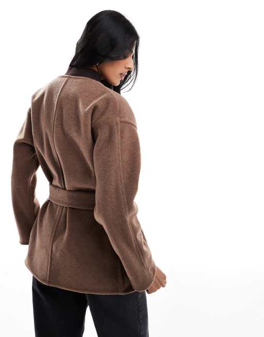 ASOS DESIGN belted collarless formal coat in mushroom