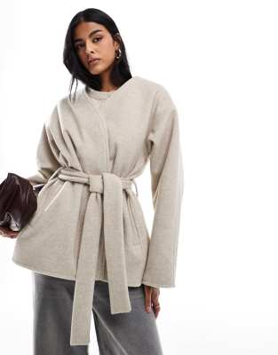 belted collarless formal coat in oatmeal-White