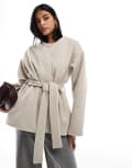 [ASOS DESIGN] ASOS DESIGN belted collarless formal coat in oatmeal-White M Oatmeal